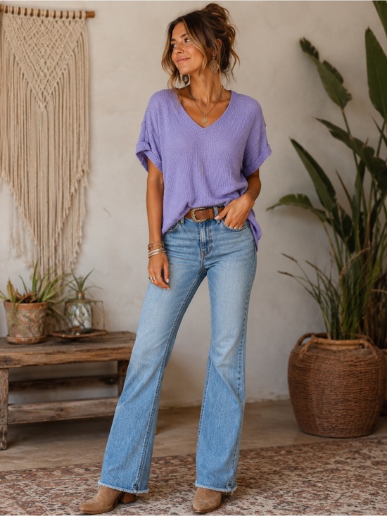 ANDREE BY UNIT Tops - Andree By Unit / Lavender Waffle-Knit V-Neck Top